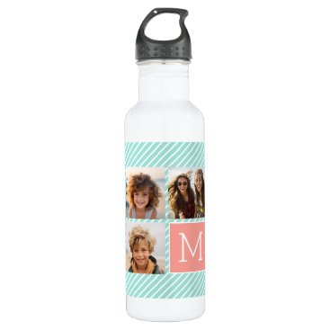 Mint and Coral Photo Collage with Custom Monogram Water Bottle
