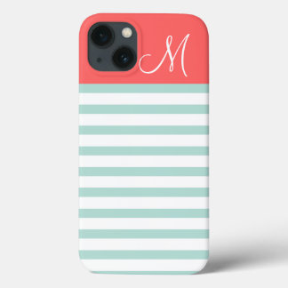Mint and Coral Preppy Stripes Custom Monogram iPhone 13 Case