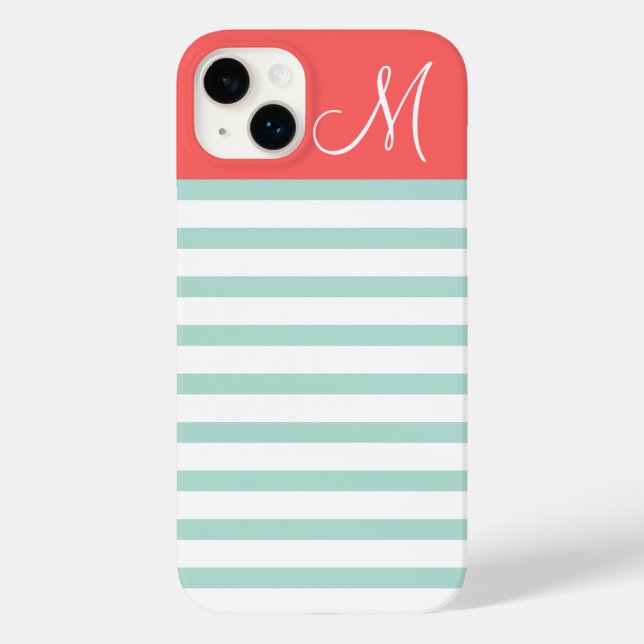 Mint and Coral Preppy Stripes Custom Monogram Case-Mate iPhone Case (Back)