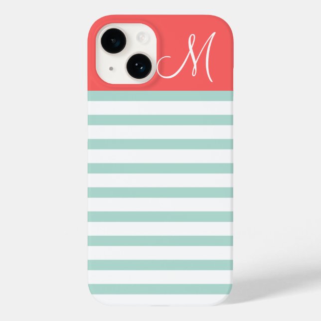 Mint and Coral Preppy Stripes Custom Monogram Case-Mate iPhone Case (Back)