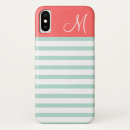 Mint and Coral Preppy Stripes Custom Monogram iPhone X Case