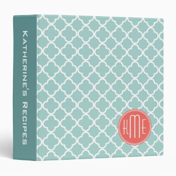 Mint And Coral Quatrefoil With Custom Monogram 3 Ring Binder by ZeraDesign at Zazzle
