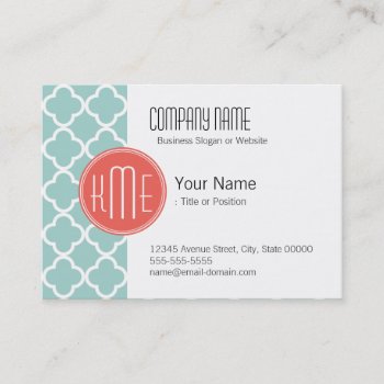 Mint And Coral Quatrefoil With Custom Monogram Business Card by ZeraDesign at Zazzle
