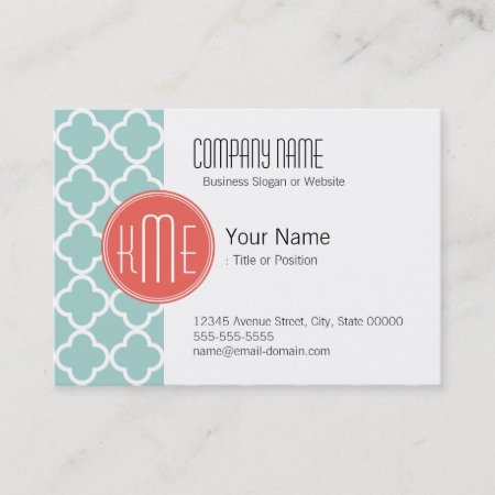 Mint And Coral Quatrefoil With Custom Monogram Business Card
