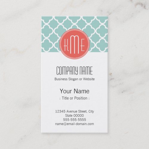 Mint and Coral Quatrefoil with Custom Monogram Business Card