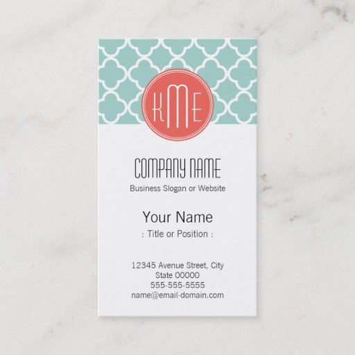 Customizable Mint and Coral Quatrefoil with Custom Monogram Business Card Templates