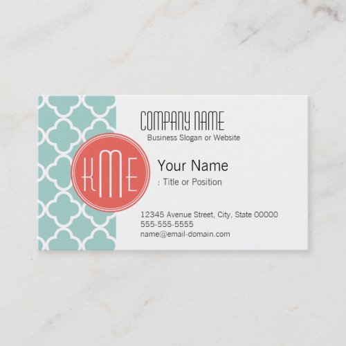 Mint and Coral Quatrefoil with Custom Monogram Business Card