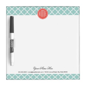 Mint And Coral Quatrefoil With Custom Monogram Dry-erase Board by ZeraDesign at Zazzle