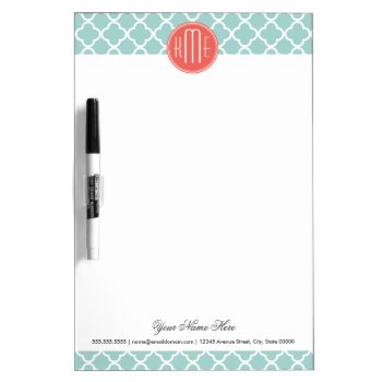 Mint And Coral Quatrefoil With Custom Monogram Dry-erase Board by ZeraDesign at Zazzle