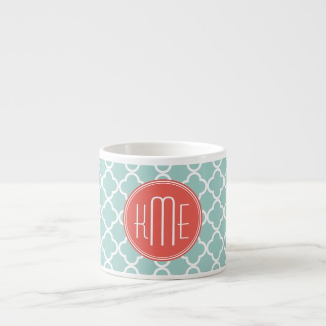 Mint and Coral Quatrefoil with Custom Monogram Espresso Cup (Front)