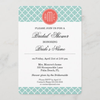 Mint and Coral Quatrefoil with Custom Monogram Invitation