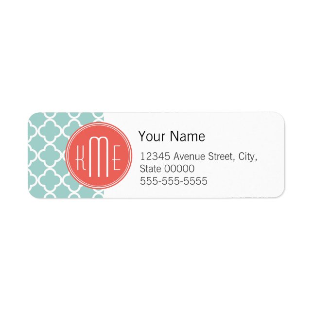 Mint and Coral Quatrefoil with Custom Monogram Label (Front)