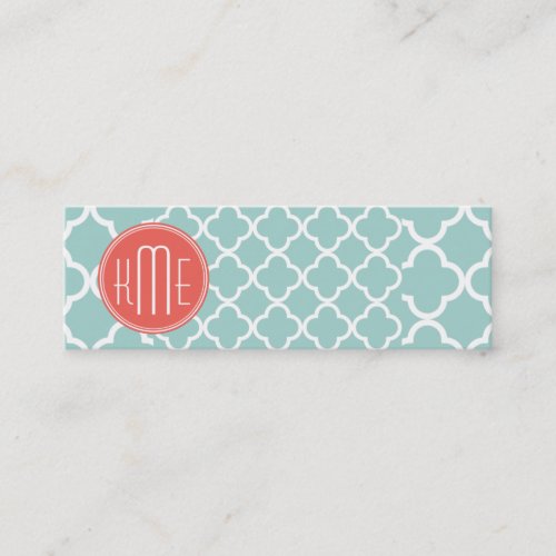 Mint and Coral Quatrefoil with Custom Monogram Mini Business Card