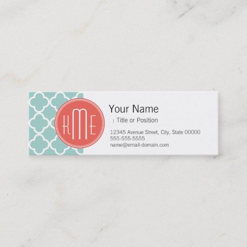 Mint and Coral Quatrefoil with Custom Monogram Mini Business Card