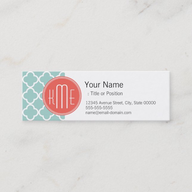 Mint and Coral Quatrefoil with Custom Monogram Mini Business Card (Front)