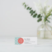 Mint and Coral Quatrefoil with Custom Monogram Mini Business Card (Standing Front)