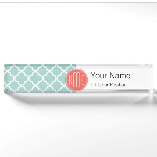 Mint and Coral Quatrefoil with Custom Monogram Name Plate