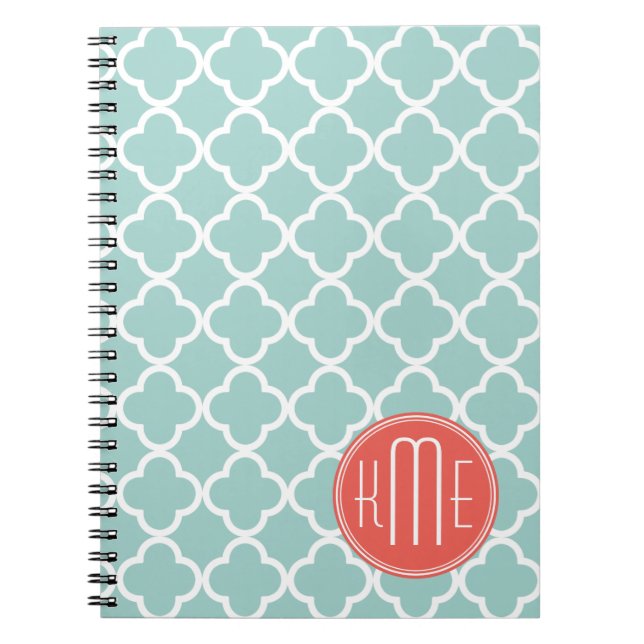 Mint and Coral Quatrefoil with Custom Monogram Notebook (Front)