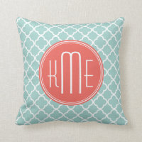 Mint and Coral Quatrefoil with Custom Monogram Throw Pillow