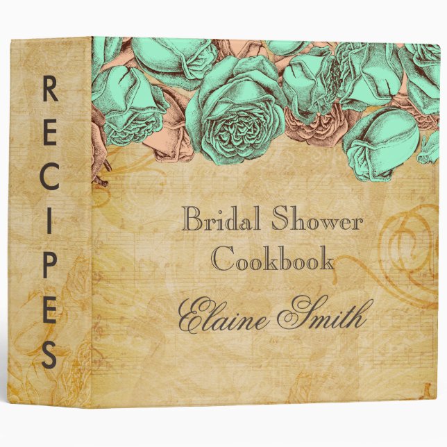 Mint and Coral Roses Bridal Recipe Folder (Front/Spine)