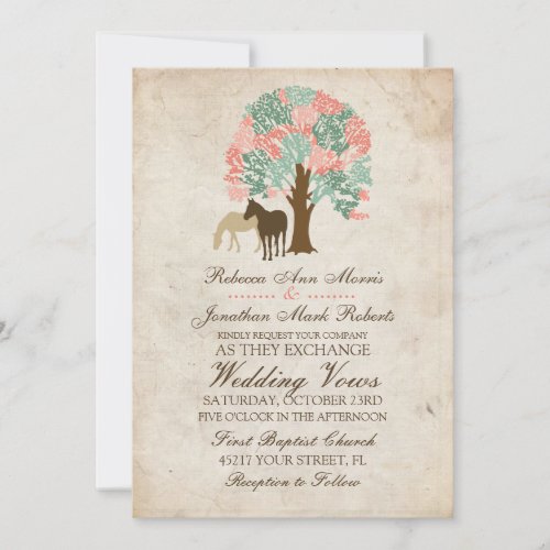 Mint and Coral Spring Horses Wedding Invitation