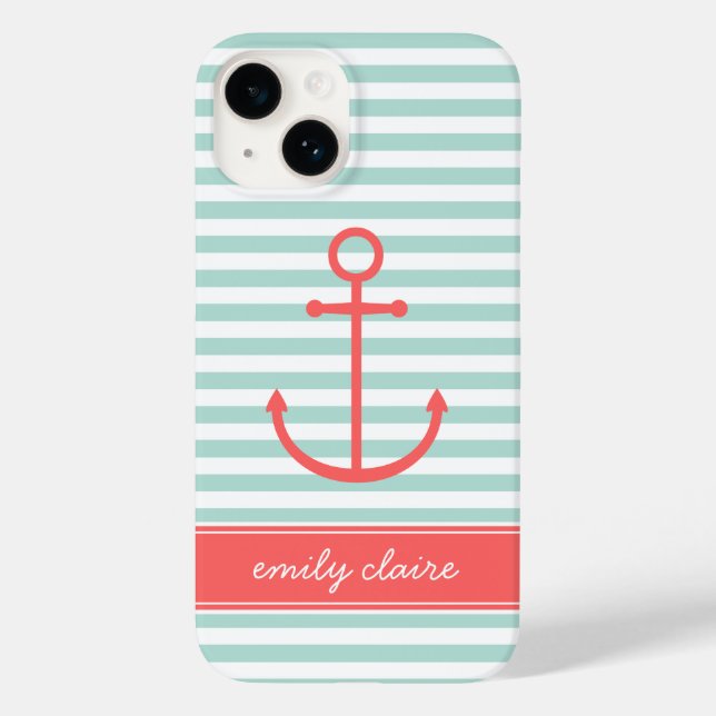 Mint and Coral Stripes Anchor Monogram Case-Mate iPhone Case (Back)