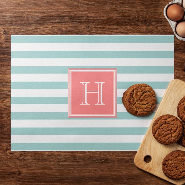 Mint and Coral Stripes and Square Monogram Placemat (Creator Uploaded)
