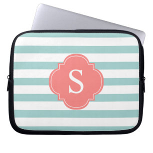 Mint and Coral Stripes Monogram Laptop Sleeve