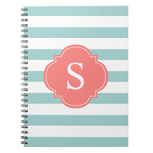 Mint and Coral Stripes Monogram Notebook