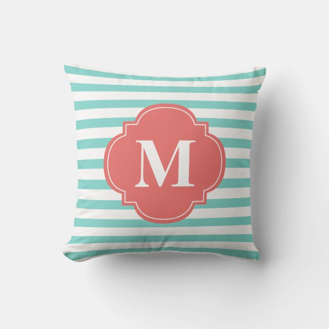 Mint and Coral Stripes Monogram Throw Pillow (Front)