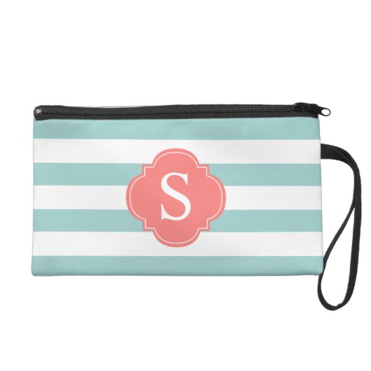 Mint and Coral Stripes Monogram Wristlet (Front)