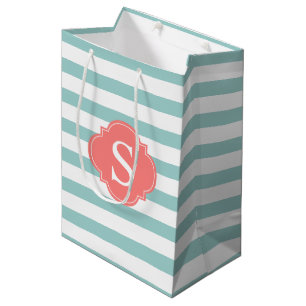 Mint and Coral Stripes Pattern Monogram Medium Gift Bag