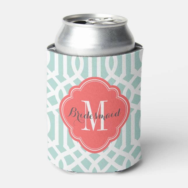 Mint and Coral Trellis Monogram Can Cooler (Can Front)
