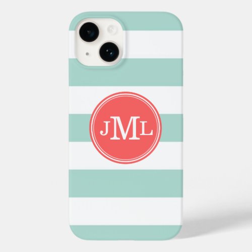 Mint and Coral Wide Stripe Monogram Case_Mate iPhone 14 Case