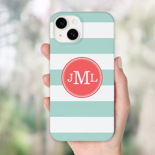 Mint and Coral Wide Stripe Monogram Case-Mate iPhone Case (Creator Uploaded)