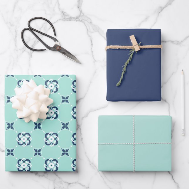 Mint and Dark Blue Interwoven Flower Pattern Wrapping Paper Sheets (Front)
