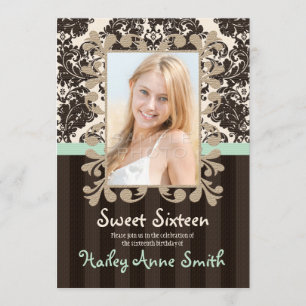 Mint and Dark Brown Vintage Damask Sweet Sixteen Invitation
