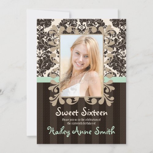 Mint and Dark Brown Vintage Damask Sweet Sixteen Invitation