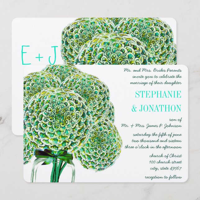 Mint and Emerald Zinnia Mason Jar Wedding Invites (Front/Back)