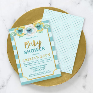 Mint and Faux Gold Floral Baby Shower Invitation