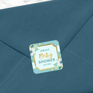 Mint and Faux Gold Floral Baby Shower Square Sticker