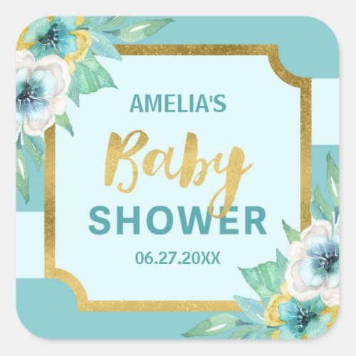 Mint and Faux Gold Floral Baby Shower Square Sticker