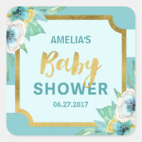 Mint and Faux Gold Floral Baby Shower Square Sticker