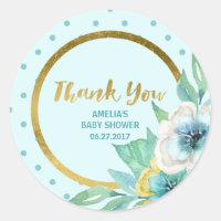 Mint and Faux Gold Floral Baby Shower Thank You Classic Round Sticker