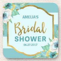 Mint and Faux Gold Floral Bridal Shower Beverage Coaster