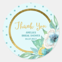 Mint and Faux Gold Floral Bridal Shower Classic Round Sticker