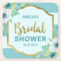 Mint and Faux Gold Floral Bridal Shower Square Paper Coaster