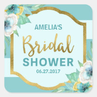 Mint and Faux Gold Floral Bridal Shower Square Sticker