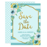Mint and Faux Gold Floral Save the Date Invitation