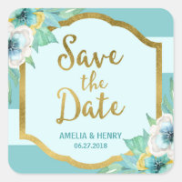 Mint and Faux Gold Floral Save the Date Square Sticker